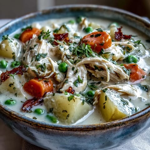 Close-up of Creamy Chicken Pot Pie Soup showing shredded rotisserie chicken, peas, and chunky vegetables in rich broth.