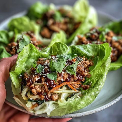 Spoonful of Potsticker Noodle Lettuce Cups into a green butter lettuce leaf, topped with sesame seeds.