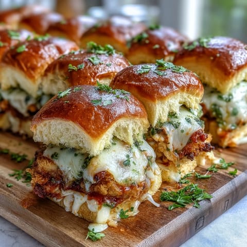 Melted mozzarella and marinara sauce top crispy pesto chicken inside soft slider buns.