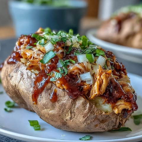 Oven-baked Honey BBQ Chicken Stuffed Sweet Potatoes topped with melted cheddar, diced red onion, and fresh green onions, ready to serve.