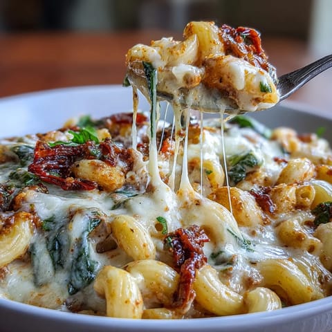 A hearty bowl of Creamy Tuscan Chili Mac topped with melted mozzarella and fresh basil, ready to serve.