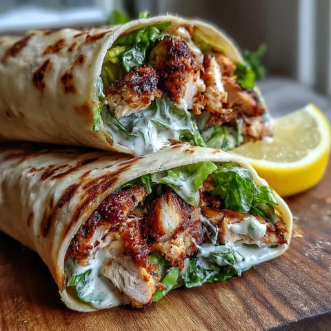 Garlic Naan Grilled Chicken Caesar Wraps stuffed with crisp romaine and juicy chicken slices, drizzled with creamy Parmesan dressing.