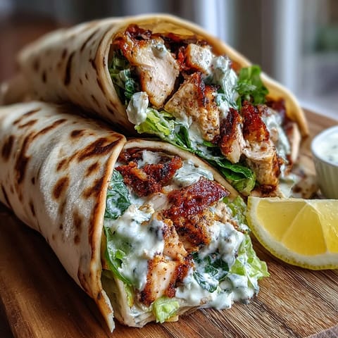 Warm, garlicky naan flatbread wrapped around golden grilled chicken strips and fresh Caesar salad, perfect for a flavorful fusion lunch.