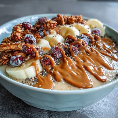 Creamy vegan peanut butter banana protein smoothie bowl topped with fresh berries and crunchy granola for a nutritious breakfast.  