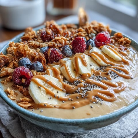 Thick and dreamy vegan peanut butter banana protein smoothie bowl, garnished with sliced bananas and chia seeds for extra texture.  