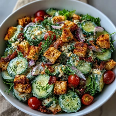 Cucumber Caesar Salad with creamy dressing and crunchy croutons for a light, refreshing twist on the classic.  