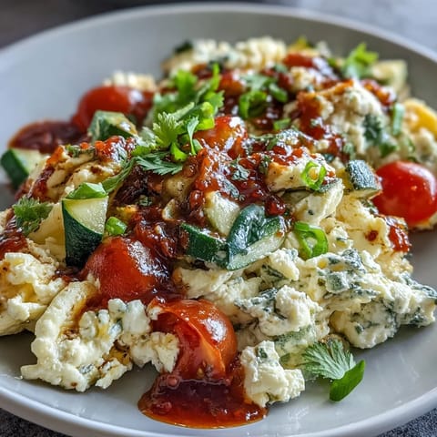 Fluffy egg white scramble loaded with sautéed bell peppers, zucchini, and spinach, topped with fresh zesty salsa.  