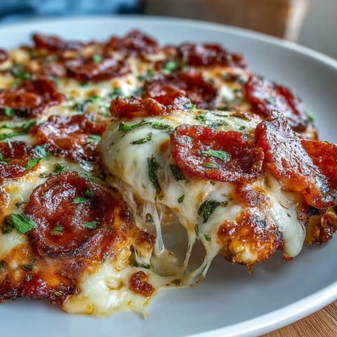 Keto Pepperoni Pizza Chicken Bake with gooey mozzarella and zesty pepperoni topping.