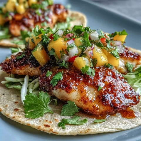Fresh tilapia tacos topped with vibrant mango salsa and shredded cabbage in warm corn tortillas for a healthy, colorful meal.