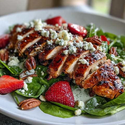 Fresh spinach salad with juicy grilled chicken, sweet strawberries, and creamy poppy seed dressing—light and perfect for summer.