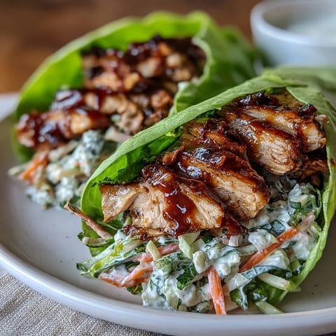 High-protein BBQ chicken lettuce wraps with crunchy slaw, featuring tender grilled chicken in crisp lettuce cups for a fresh and healthy meal.
