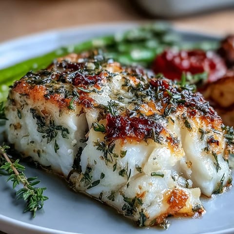 Flavorful baked cod fillets seasoned with lemon, garlic, and fresh herbs, served with juicy cherry tomatoes and crisp asparagus.  