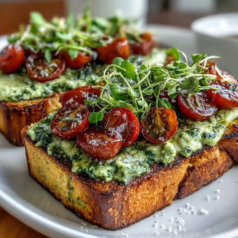 Vibrant avocado pesto sourdough toast topped with cherry tomatoes and microgreens, perfect for a healthy breakfast or brunch.