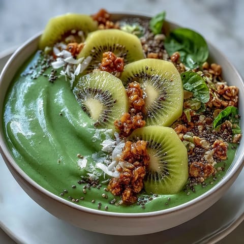 Vibrant vegan tropical green smoothie bowl with spinach, banana, and mango topped with fresh kiwi and coconut flakes.