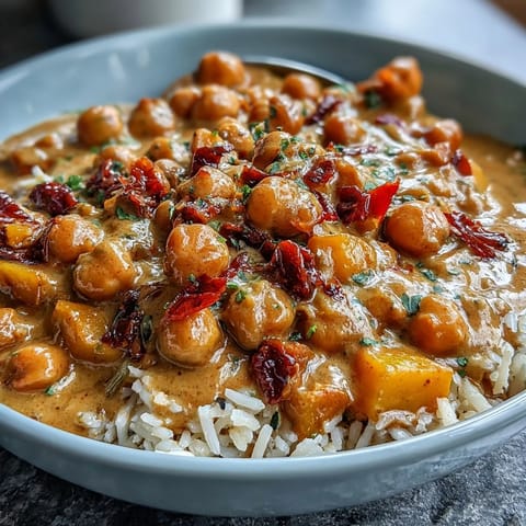 A colorful vegan curry with sweet mango, creamy coconut, and hearty chickpeas served over fluffy rice for a tropical dinner.
