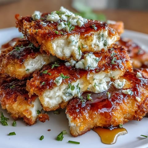 Crispy hot honey feta chicken with golden crust, creamy feta, and spicy-sweet drizzle.  