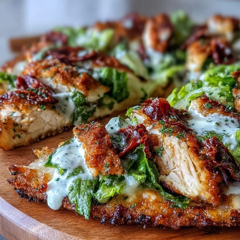 Crispy chicken crust pizza topped with fresh Caesar salad, Parmesan, and sun-dried tomatoes for a healthy, gluten-free twist.  
