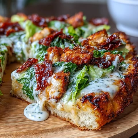 Golden baked chicken crust layered with vibrant Caesar salad and Parmesan, offering a protein-packed, low-carb pizza alternative.  