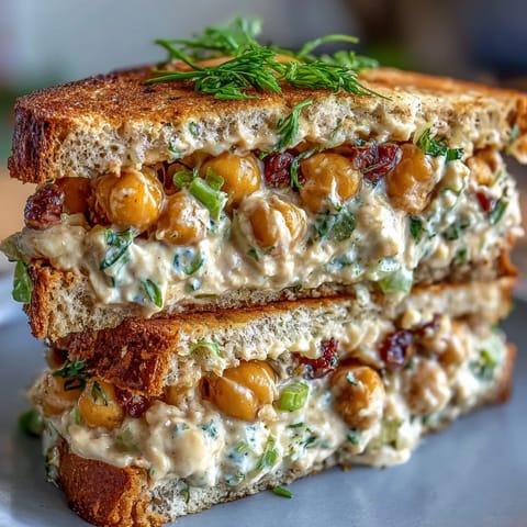 Creamy vegan chickpea salad sandwich with fresh parsley, celery, and Dijon mustard on whole grain bread.