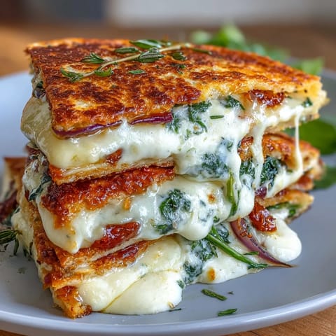 Warm tortilla stuffed with wilted spinach, tangy feta, and melted cheese, ready to slice.  