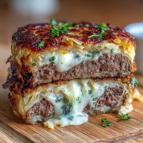 Low-carb Oven-Baked Cabbage Burgers topped with melted cheddar cheese and fresh parsley.  
