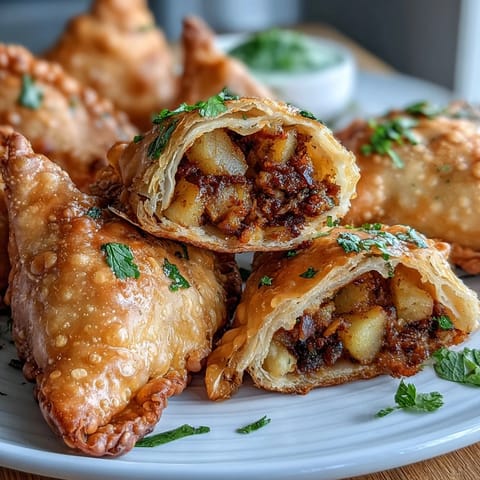 Crispy air-fried vegetable samosas with spiced potato and pea filling served alongside vibrant mint chutney.  