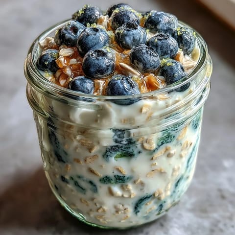 A jar of creamy overnight oats with blueberry lemon zest, topped with fresh berries and a sprinkle of nuts for crunch.