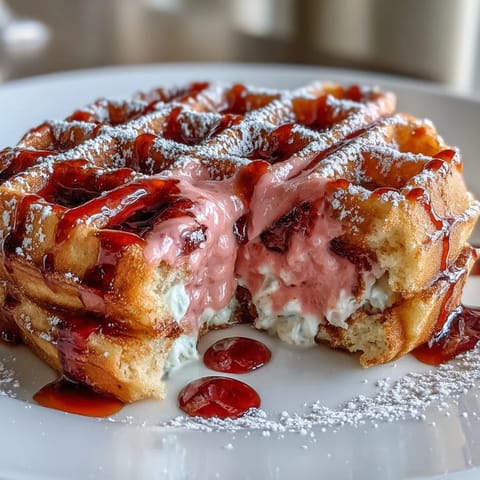 Vibrant pink velvet waffles with cocoa flavor, topped with a creamy cream cheese drizzle and fresh berries.  