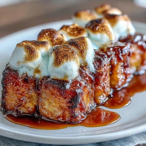 Gooey marshmallows melt over cinnamon-spiced candied yams, creating a comforting side dish with rich vanilla aroma.  