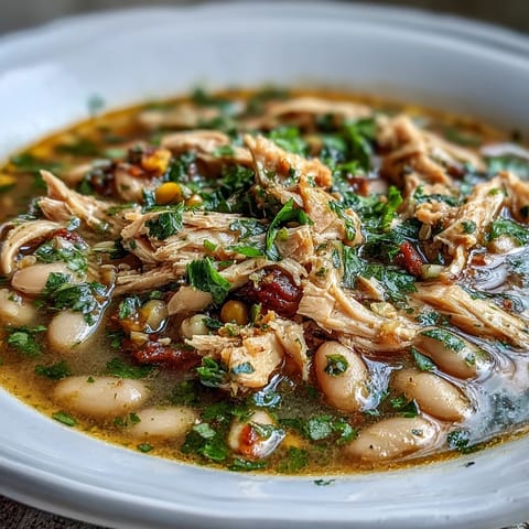 Hearty white bean chicken chili with shredded chicken, poblano peppers, and a sprinkle of cheese, served steaming hot in a rustic bowl.  