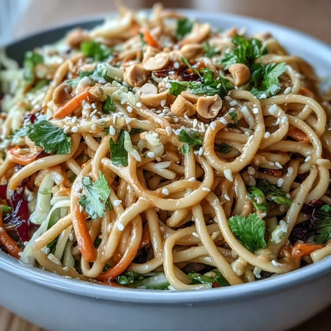 Asian Sesame Noodle Salad with Peanut Dressing - vibrant dish featuring tender noodles, crisp veggies, and rich peanut dressing, garnished with sesame seeds.  