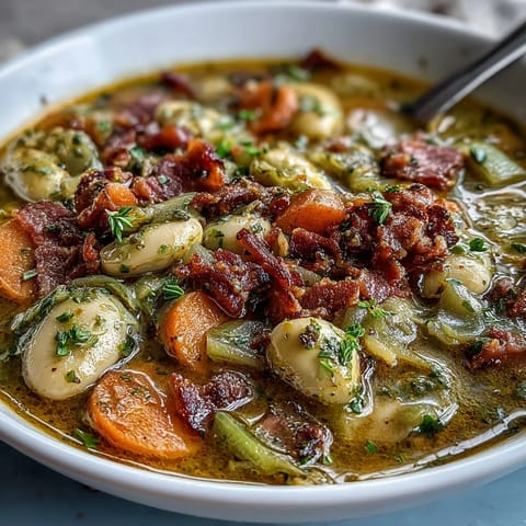 A hearty bowl of ham and lima bean soup with tender chunks of ham and creamy beans in a savory broth.