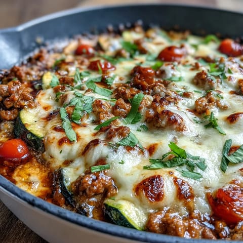 Healthy Tex-Mex turkey taco zucchini skillet featuring colorful peppers, zucchini, and classic taco spices in a single pan.  