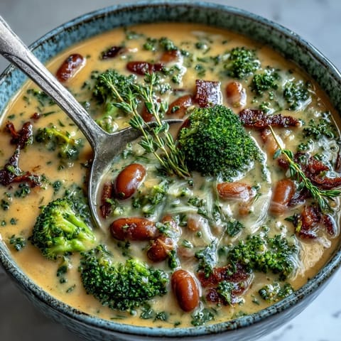 Velvety broccoli and cheddar bean soup packed with cannellini beans, fresh broccoli, and aromatic vegetables.  