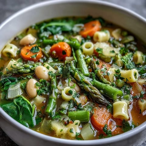 Hearty vegetarian minestrone packed with seasonal vegetables, cannellini beans, and delicate asparagus spears.  