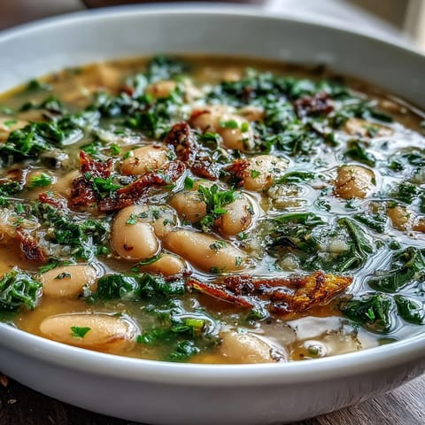 A rustic bowl of Tuscan white bean soup with tender kale and fresh lemon zest, garnished with Parmesan and olive oil.