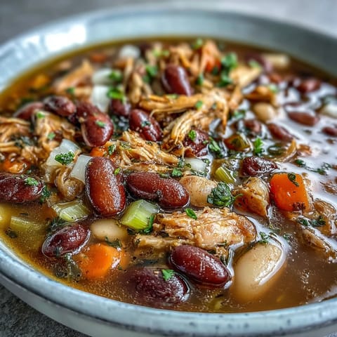 Hearty 15-bean crockpot soup with smoked turkey, featuring tender beans, shredded turkey, and vibrant vegetables in a rich broth.  