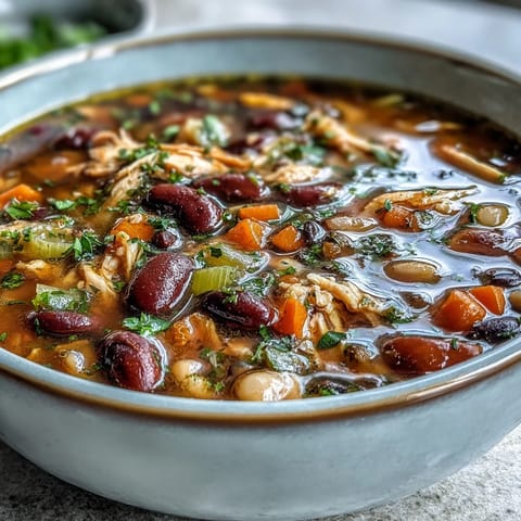 Comforting slow-cooked 15-bean soup with smoked turkey, carrots, celery, and tomatoes, perfect for cozy family dinners.  