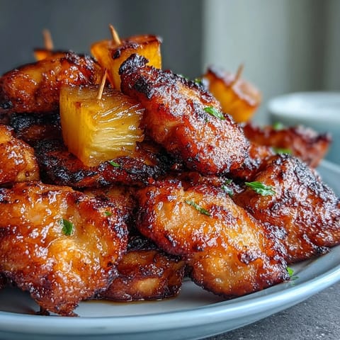 Air-fried Chicken Pineapple Bites featuring tender chicken cubes and caramelized pineapple chunks, ideal for easy entertaining.