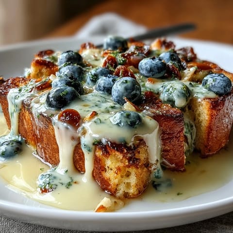 Golden sourdough French toast casserole with juicy blueberries and lemon zest, baked to perfection for a tangy-sweet breakfast treat.