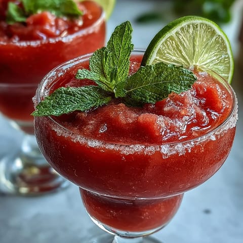 A vibrant strawberry watermelon daiquiri mocktail garnished with fresh mint and lime wheels, served in chilled glasses with ice cubes.