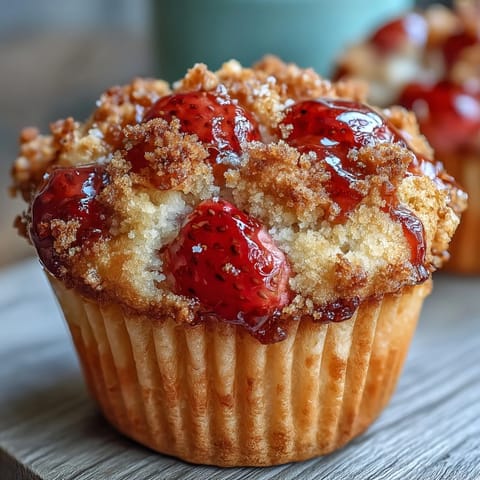 Strawberry muffins topped with golden crumble and lemon zest, baked until golden and fragrant for a perfect breakfast treat.  