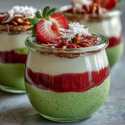 Strawberry matcha layered chia pudding jars with creamy chia, vibrant strawberry puree, and delicate green tea yogurt, perfect for a refreshing breakfast or snack.