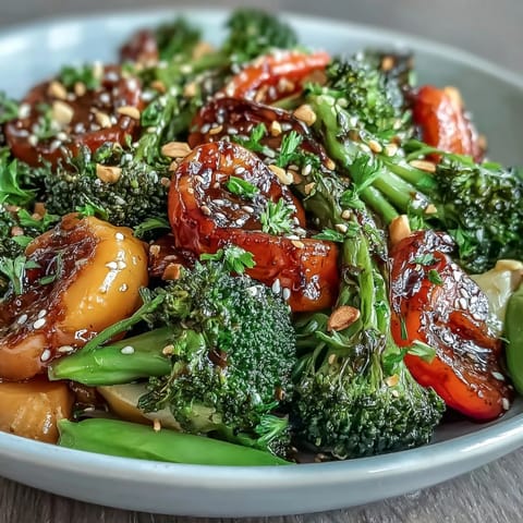 Healthy Easy Veggie Stir-Fry with Peanut Sauce in a colorful skillet, featuring crisp broccoli, bell peppers, and carrots coated in creamy peanut sauce.