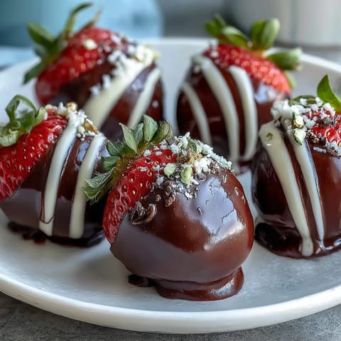 Decadent Dubai chocolate strawberry bombs with cream filling, featuring glossy dark chocolate shells encasing fresh strawberries and silky mascarpone cream.  