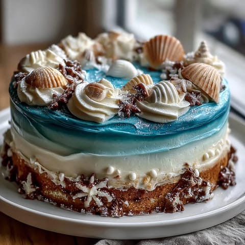 Pisces Birthday Cake with ocean blue ombre frosting, a dreamy vanilla layer cake decorated with shimmering blue buttercream and seashell accents.  