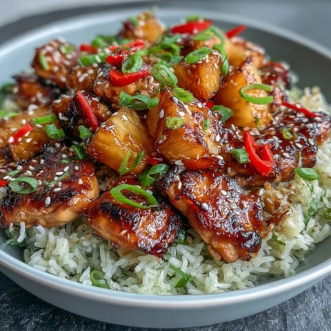 A colorful bowl of pineapple teriyaki chicken with jasmine rice, crisp vegetables, and juicy pineapple chunks in savory sauce.