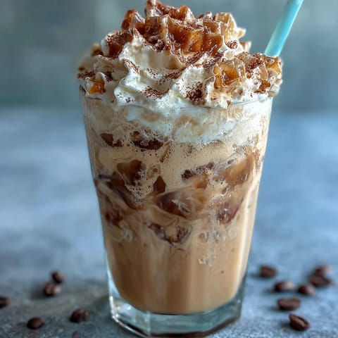 Iced Vanilla Bean Frappuccino with Coconut Whipped Cream, a creamy, frosty coffee drink with real vanilla bean and luscious coconut topping, perfect for warm days.