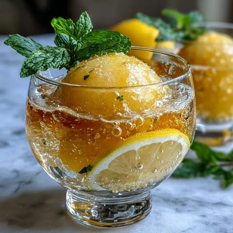 Refreshing limoncello sorbet floats with sparkling lemon water, garnished with lemon slices and mint sprigs.  