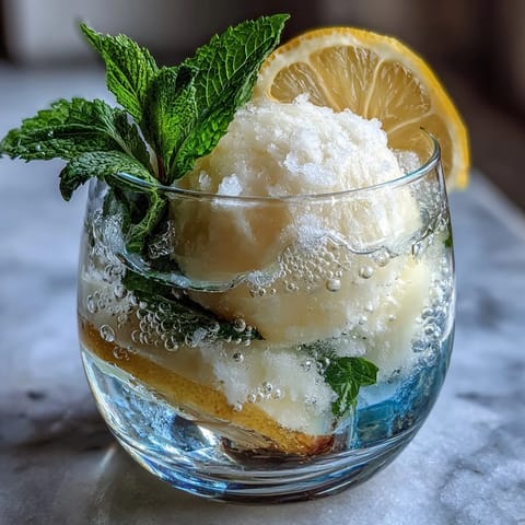 Elegant Italian-inspired dessert cocktail featuring creamy lemon sorbet, chilled limoncello, and bubbly lemon water.  